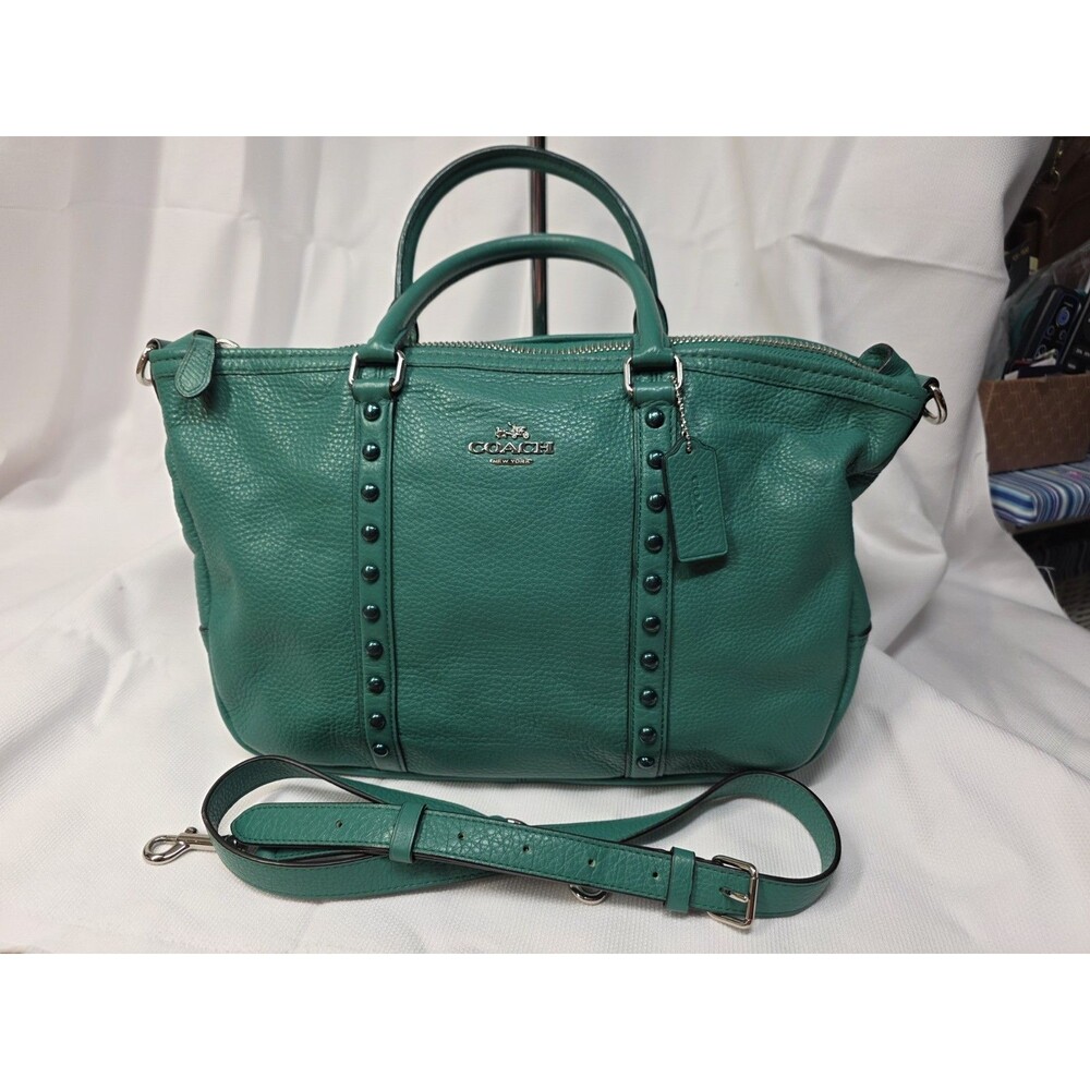 Coach Central Satchel Green Leather Bag With Gold Studs F57513 $495
